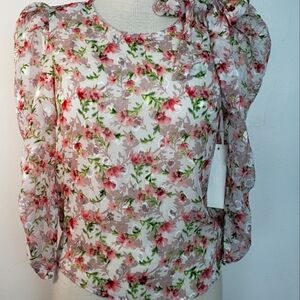 Trendmates Pink Floral Sheer Rauching Puff Long Sleeve Women's Top Size M NWT